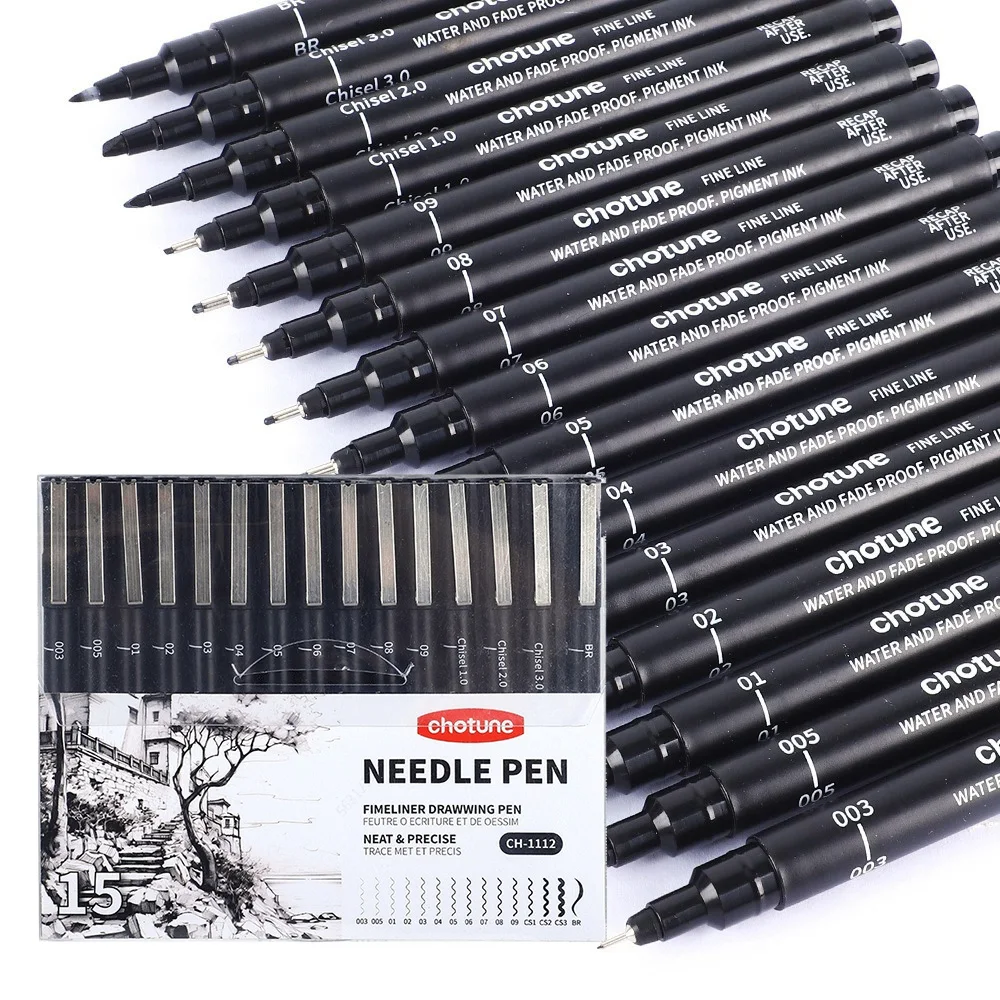 Copic Marker Sketch - Micropenne neri, 15 dimensioni, inchiostro da